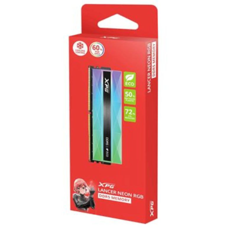 Adata LANCER NEON AX5U6400C3216G-DCLANRSG DDR5 6400MHz, 32GB, (2 x 16GB) CL32, 1.4v, Retail, Silver RGB System Memory, Using Eco-Friendly Material