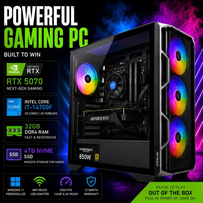 Genesis RTX 5070 Gaming PC (Most Storage) – 4TB SSD, i7-14700F, 32GB RAM, Windows 11 Pro